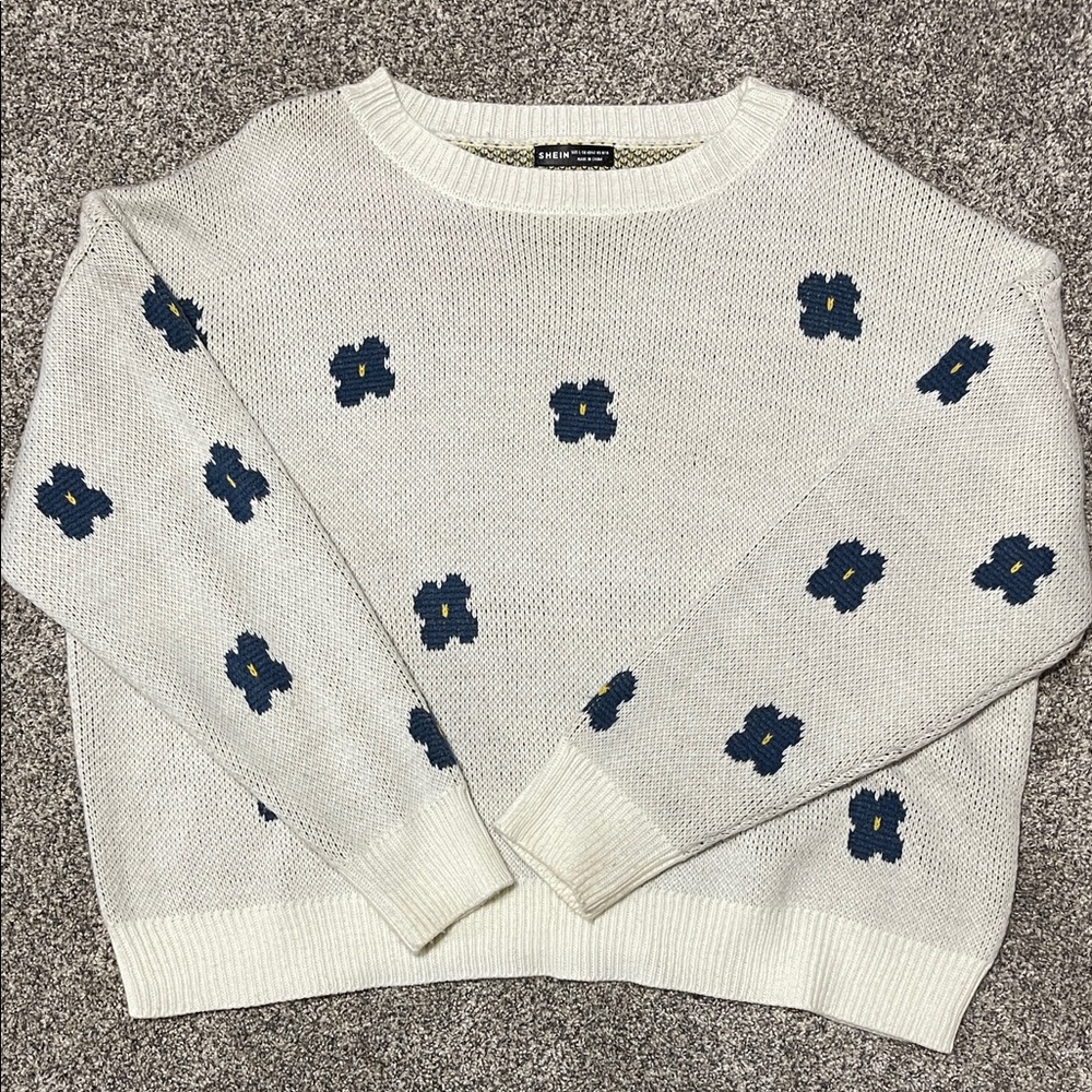 SHEIN Cream Sweater with Navy Floral Accents